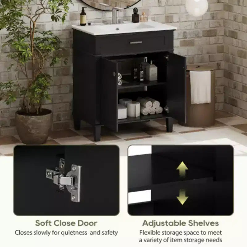 30-Inch Bathroom Storage Cabinet with Ceramic Basin, Soft Door Closure, and Adjustable Shelf
