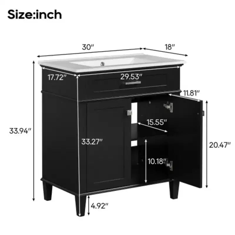 30-Inch Bathroom Storage Cabinet with Ceramic Basin, Soft Door Closure, and Adjustable Shelf