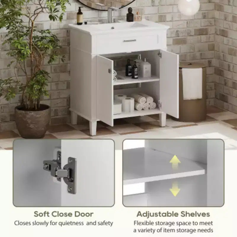 30-Inch Bathroom Storage Cabinet with Ceramic Basin, Soft Door Closure, and Adjustable Shelf