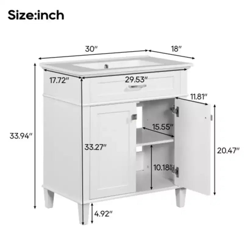 30-Inch Bathroom Storage Cabinet with Ceramic Basin, Soft Door Closure, and Adjustable Shelf