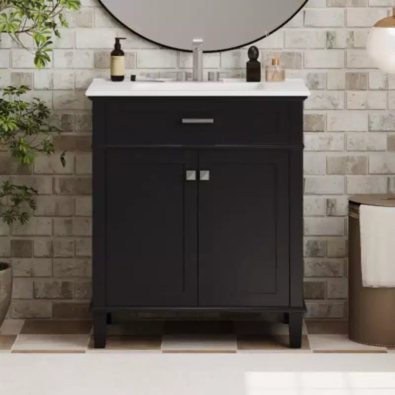 30-Inch Bathroom Storage Cabinet with Ceramic Basin, Soft Door Closure, and Adjustable Shelf
