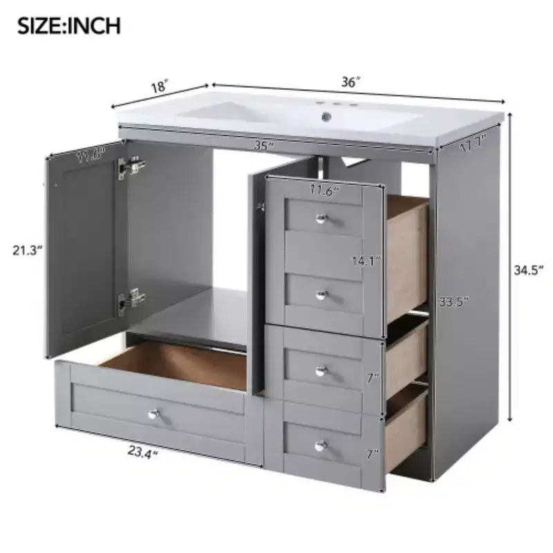 36 inch Shaker Style Free-Standing Bathroom Vanity Cabinet with Sink, 4 Soft-close Drawers and 2 Soft-close doors