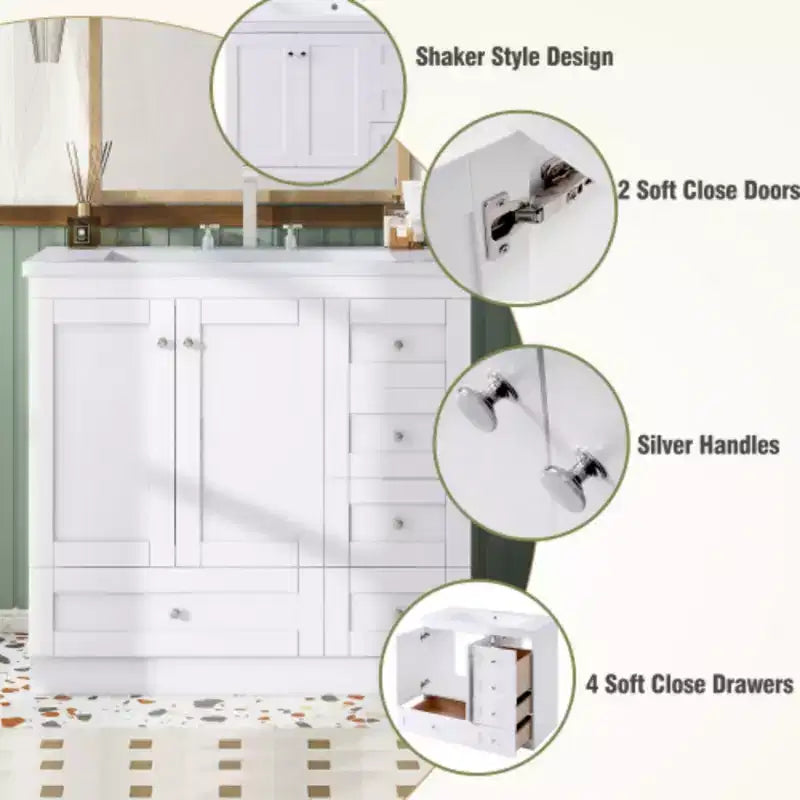 36 inch Shaker Style Free-Standing Bathroom Vanity Cabinet with Sink, 4 Soft-close Drawers and 2 Soft-close doors