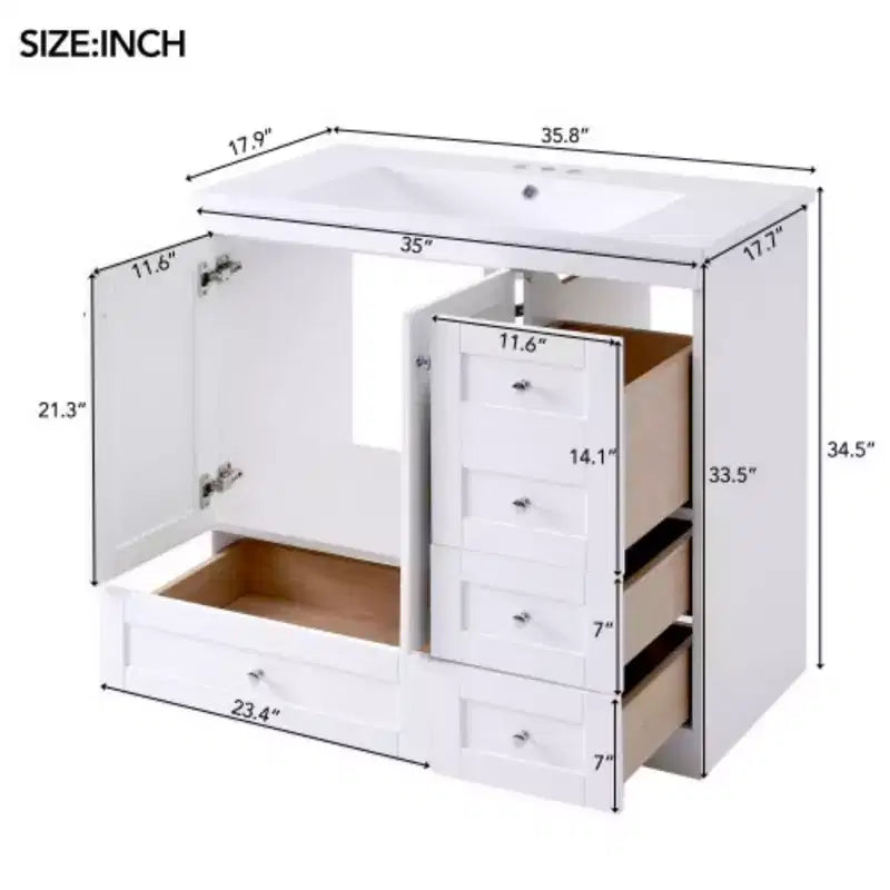 36 inch Shaker Style Free-Standing Bathroom Vanity Cabinet with Sink, 4 Soft-close Drawers and 2 Soft-close doors
