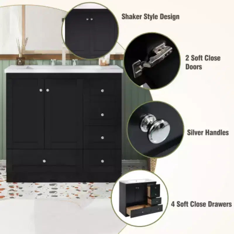 36 inch Shaker Style Free-Standing Bathroom Vanity Cabinet with Sink, 4 Soft-close Drawers and 2 Soft-close doors
