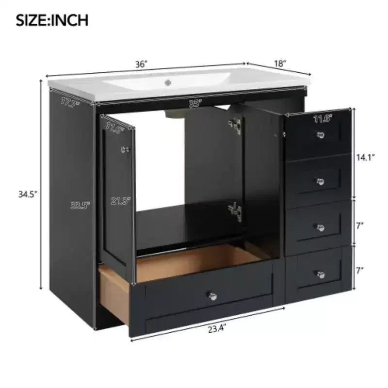 36 inch Shaker Style Free-Standing Bathroom Vanity Cabinet with Sink, 4 Soft-close Drawers and 2 Soft-close doors