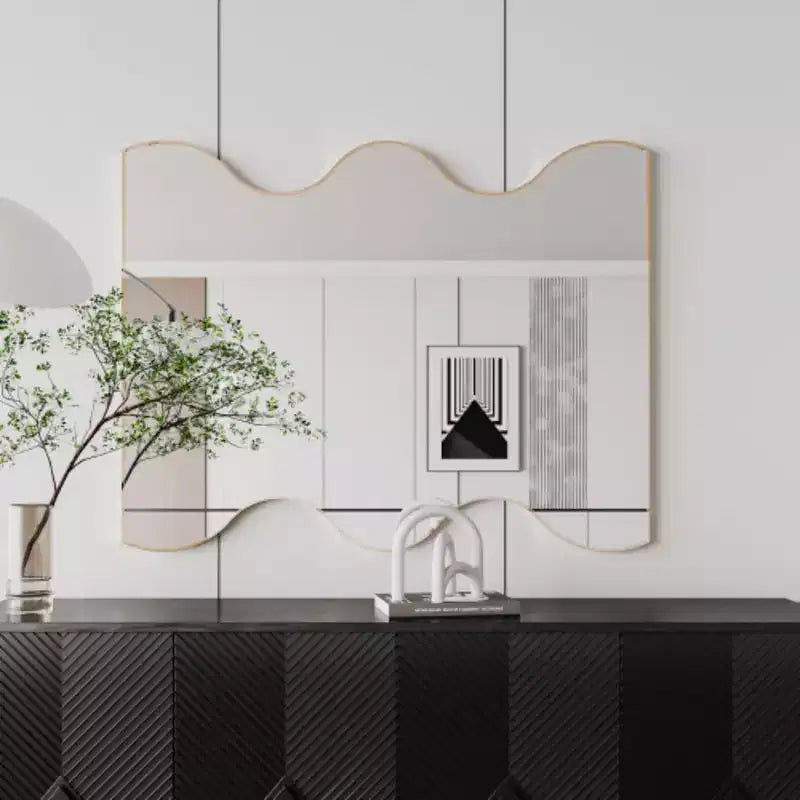 Golden 30x35 Rectangular Wall Mirror with Wavy Metal Frame for Bathroom, Living Room, Bedroom