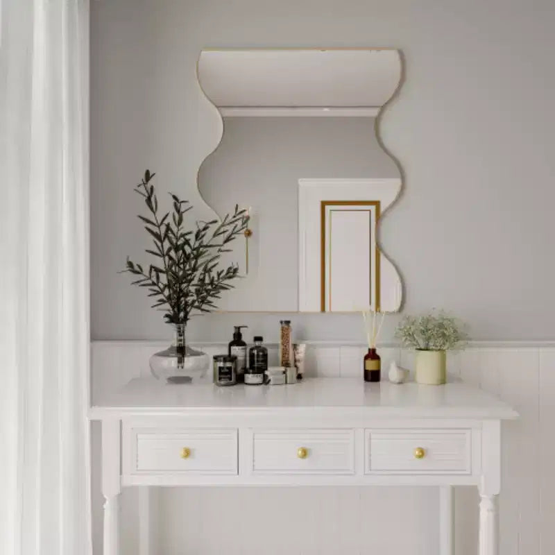 Golden 30x35 Rectangular Wall Mirror with Wavy Metal Frame for Bathroom, Living Room, Bedroom