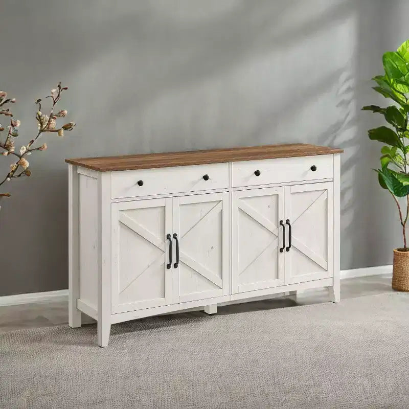Farmhouse Style Honey Brown Kitchen Storage Cabinet with 2 Drawers and Adjustable Shelves, Perfect for Coffee Bar Set up
