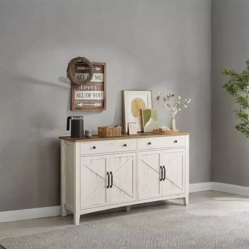 Farmhouse Style Honey Brown Kitchen Storage Cabinet with 2 Drawers and Adjustable Shelves, Perfect for Coffee Bar Set up
