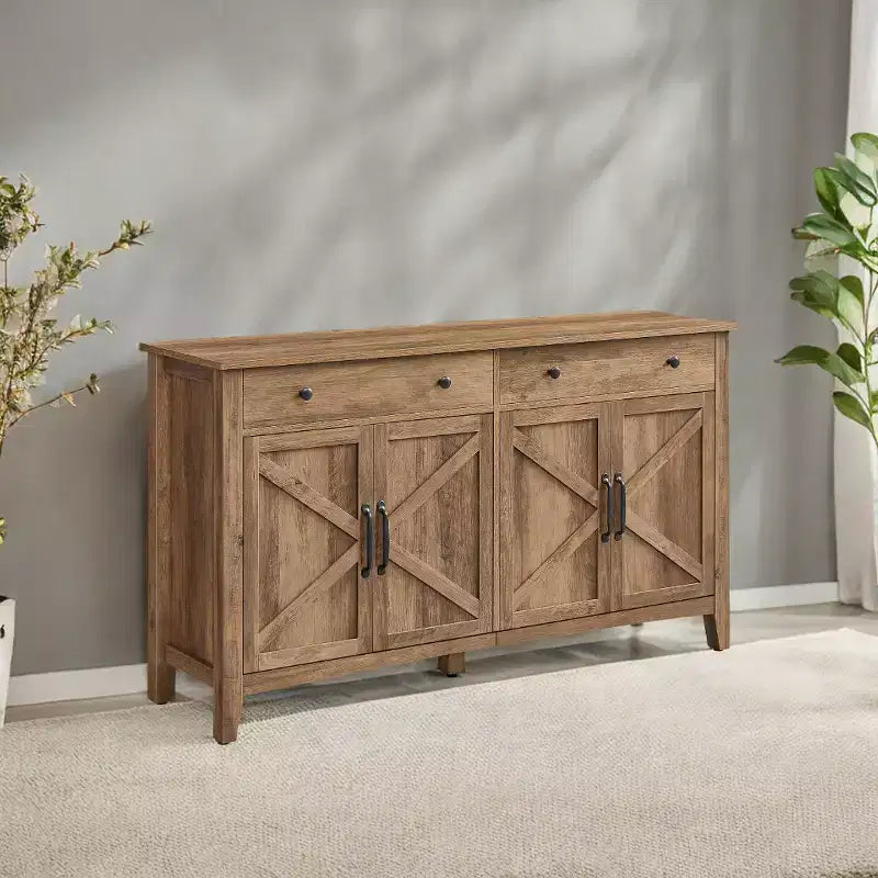 Farmhouse Style Honey Brown Kitchen Storage Cabinet with 2 Drawers and Adjustable Shelves, Perfect for Coffee Bar Set up