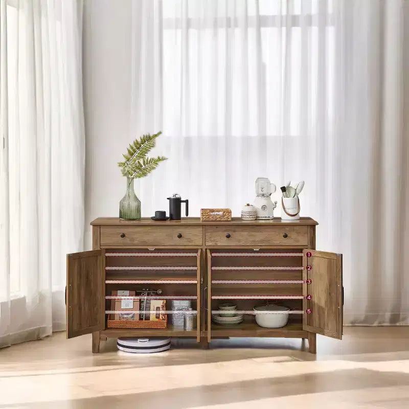 Farmhouse Style Honey Brown Kitchen Storage Cabinet with 2 Drawers and Adjustable Shelves, Perfect for Coffee Bar Set up