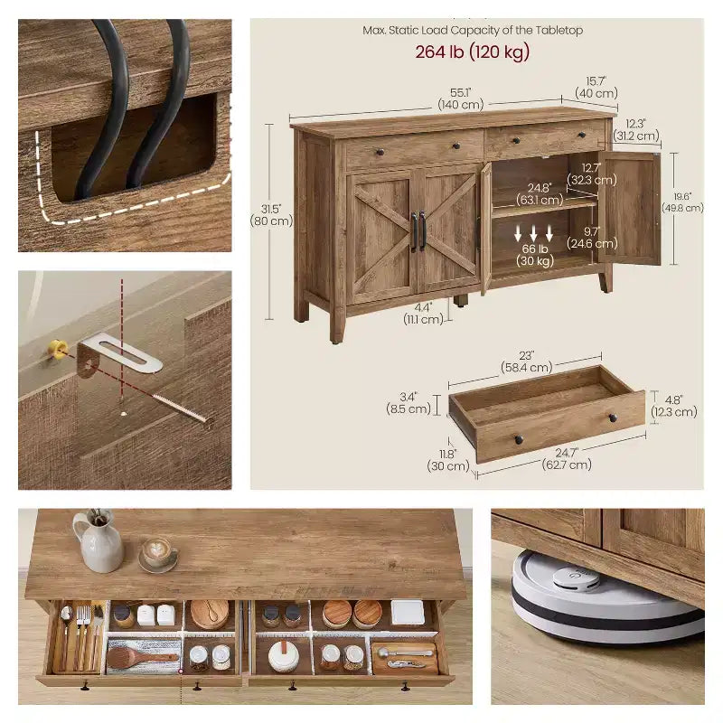Farmhouse Style Honey Brown Kitchen Storage Cabinet with 2 Drawers and Adjustable Shelves, Perfect for Coffee Bar Set up