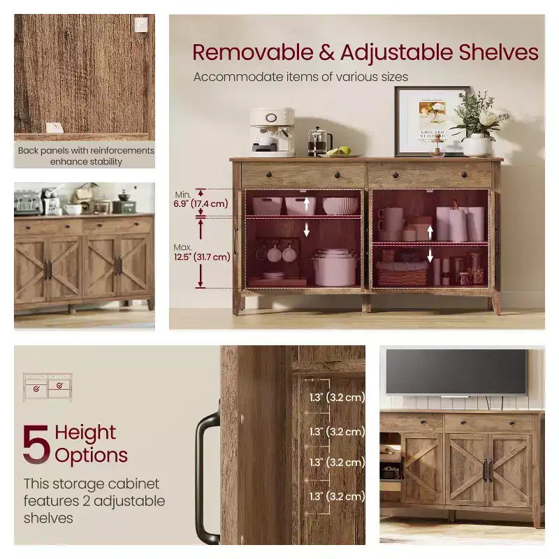 Farmhouse Style Honey Brown Kitchen Storage Cabinet with 2 Drawers and Adjustable Shelves, Perfect for Coffee Bar Set up
