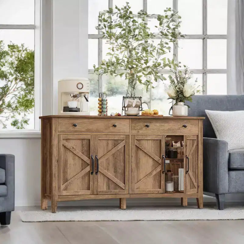 Farmhouse Style Honey Brown Kitchen Storage Cabinet with 2 Drawers and Adjustable Shelves, Perfect for Coffee Bar Set up