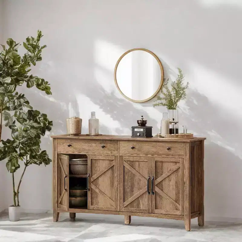Farmhouse Style Honey Brown Kitchen Storage Cabinet with 2 Drawers and Adjustable Shelves, Perfect for Coffee Bar Set up