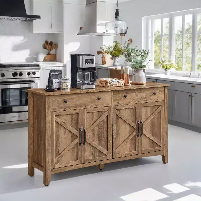 Farmhouse Style Honey Brown Kitchen Storage Cabinet with 2 Drawers and Adjustable Shelves, Perfect for Coffee Bar Set up