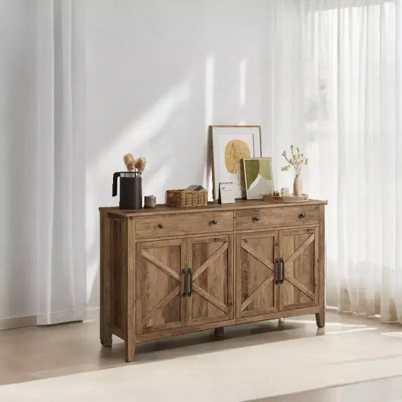 Farmhouse Style Honey Brown Kitchen Storage Cabinet with 2 Drawers and Adjustable Shelves, Perfect for Coffee Bar Set up