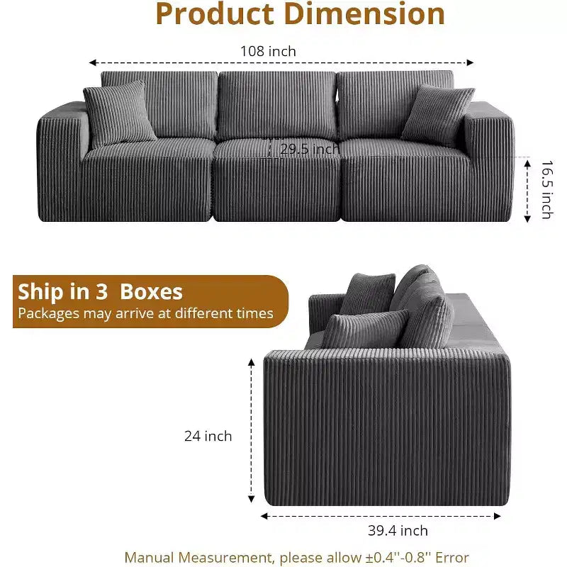 108 Sectional Couch Cloud Modular Modern Linear Sofa with Chaise Lounge, Corduroy Fabric, No Assembly Required, Convertible Compression Sleeper Sofa