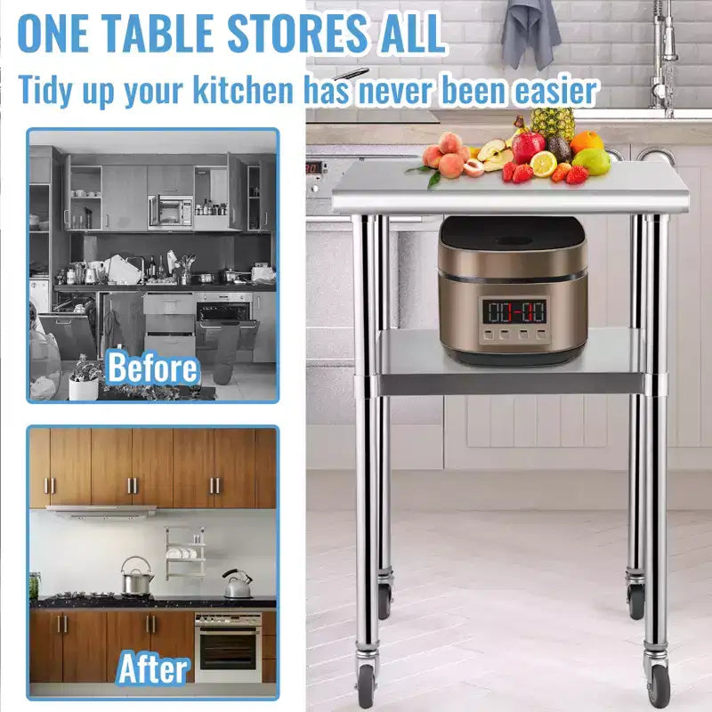 VEVOR Stainless Steel Prep Table, 24 x 24 x 36 Inch, 600 lbs Load Capacity, Heavy Duty Metal Work Table with Adjustable Bottom Shelf