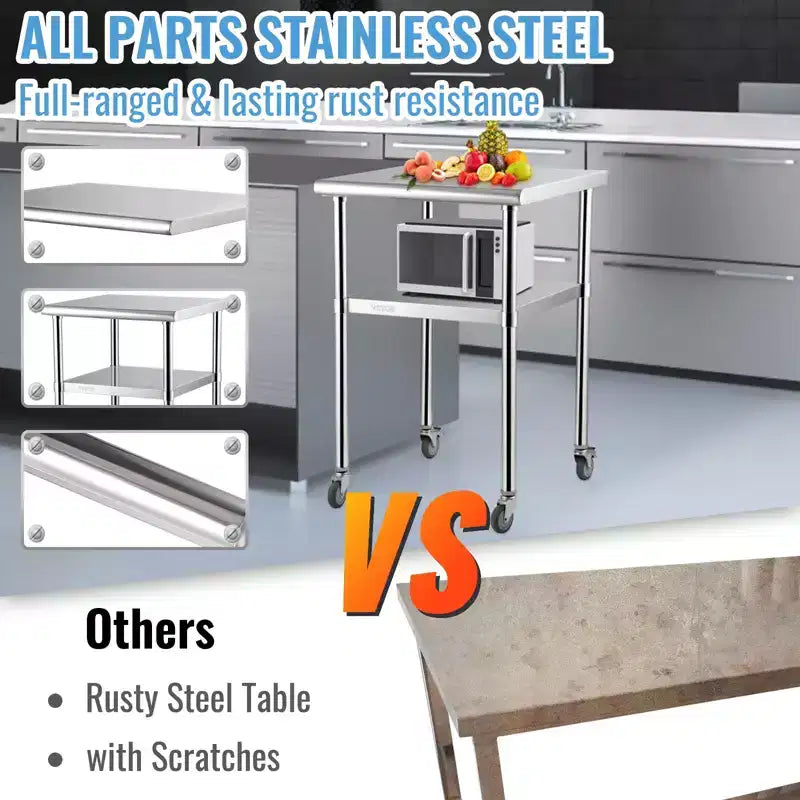 VEVOR Stainless Steel Prep Table, 24 x 24 x 36 Inch, 600 lbs Load Capacity, Heavy Duty Metal Work Table with Adjustable Bottom Shelf
