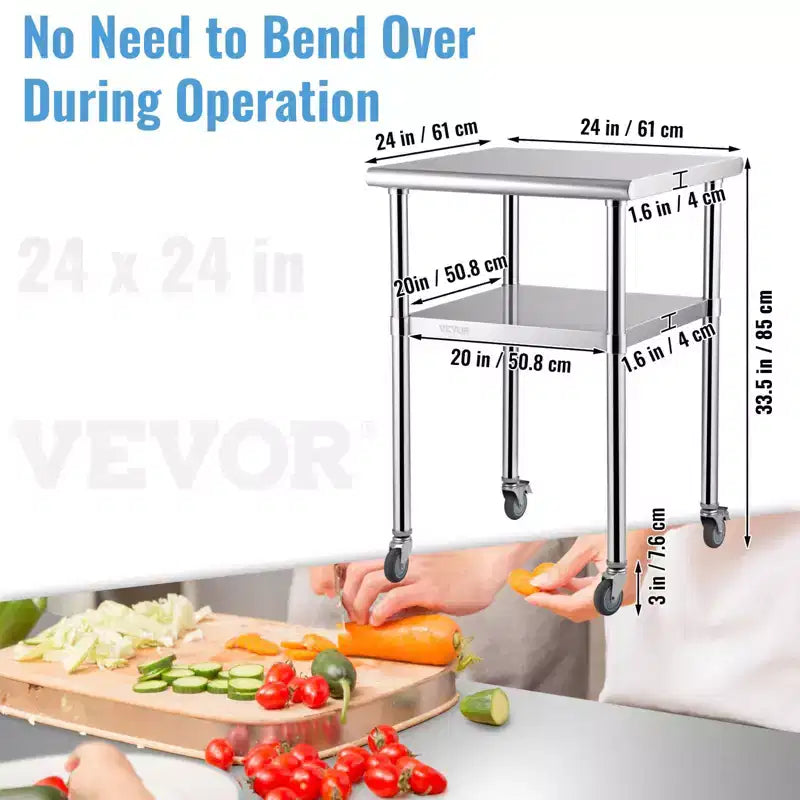 VEVOR Stainless Steel Prep Table, 24 x 24 x 36 Inch, 600 lbs Load Capacity, Heavy Duty Metal Work Table with Adjustable Bottom Shelf