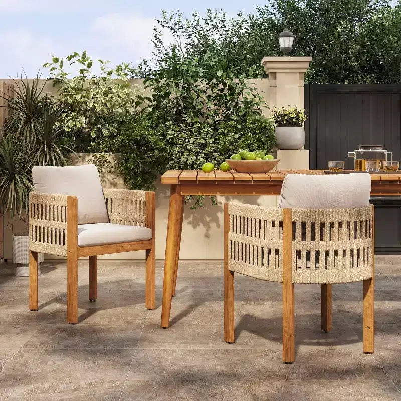 MAYEERTY Set of 2 Acacia Wood Patio Chairs with Rope-Wrapped Arms & Waterproof Foam Cushions 400lbs Capacity