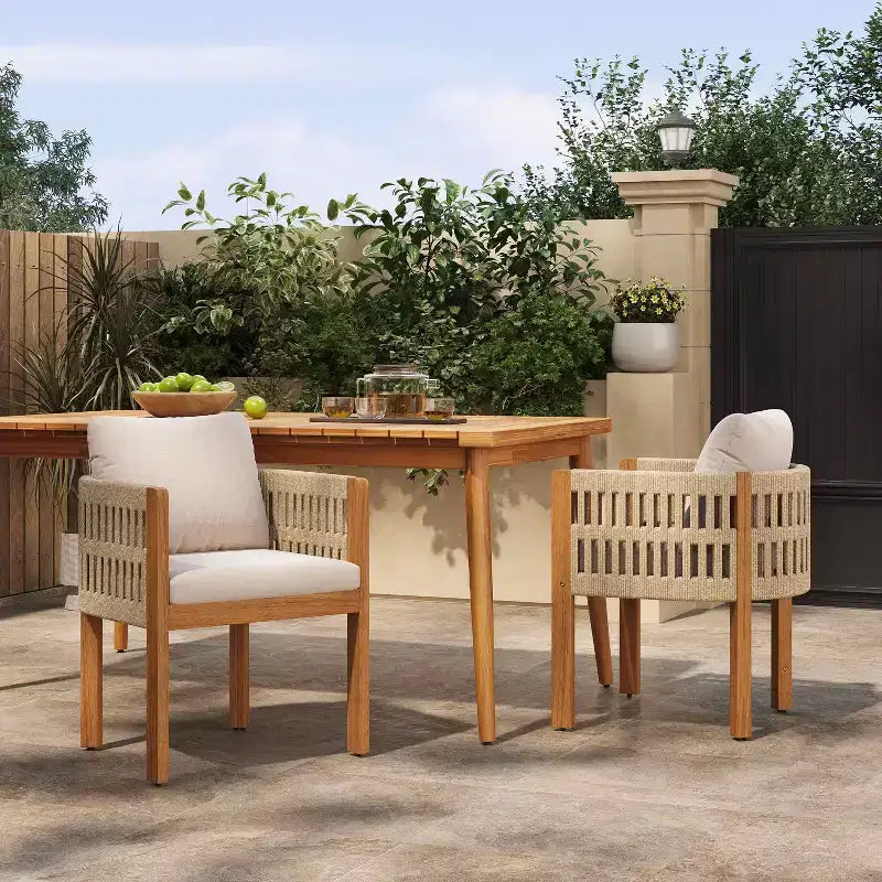 MAYEERTY Set of 2 Acacia Wood Patio Chairs with Rope-Wrapped Arms & Waterproof Foam Cushions 400lbs Capacity