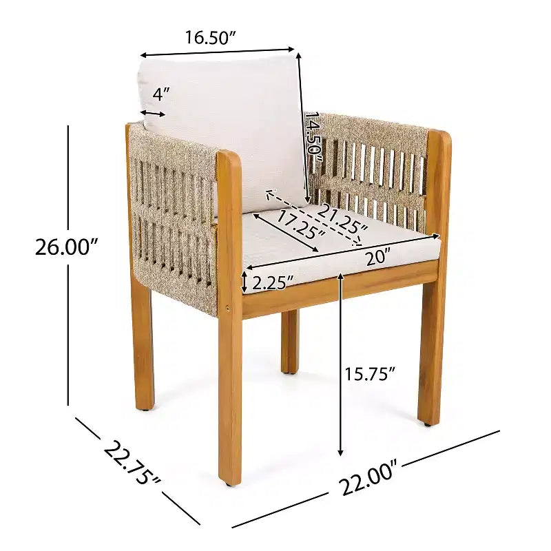 MAYEERTY Set of 2 Acacia Wood Patio Chairs with Rope-Wrapped Arms & Waterproof Foam Cushions 400lbs Capacity