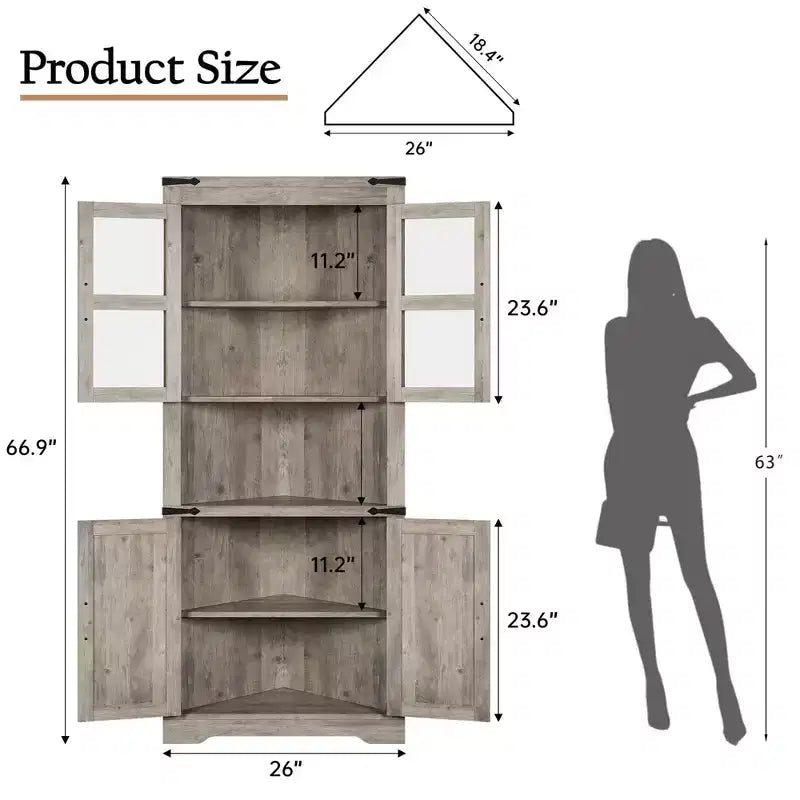 Whizmax Farmhouse Corner Cabinet, Tall Corner Storage Cabinet with Glass Door & Adjustable Shelves, Bathroom Cabinet for Living Room, Bathroom
