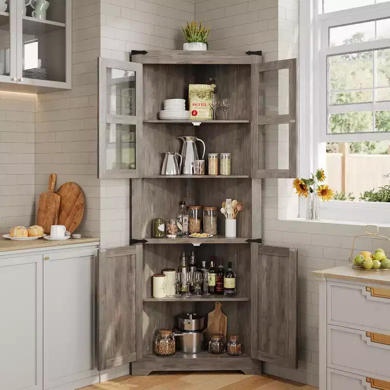 Whizmax Farmhouse Corner Cabinet, Tall Corner Storage Cabinet with Glass Door & Adjustable Shelves, Bathroom Cabinet for Living Room, Bathroom