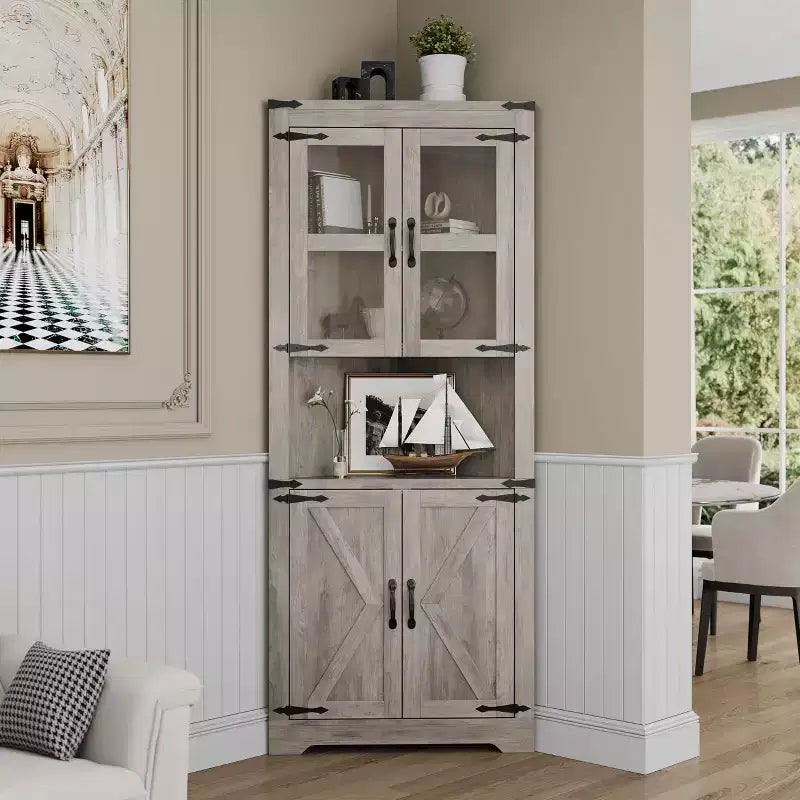 Whizmax Farmhouse Corner Cabinet, Tall Corner Storage Cabinet with Glass Door & Adjustable Shelves, Bathroom Cabinet for Living Room, Bathroom