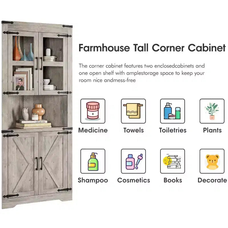 Whizmax Farmhouse Corner Cabinet, Tall Corner Storage Cabinet with Glass Door & Adjustable Shelves, Bathroom Cabinet for Living Room, Bathroom
