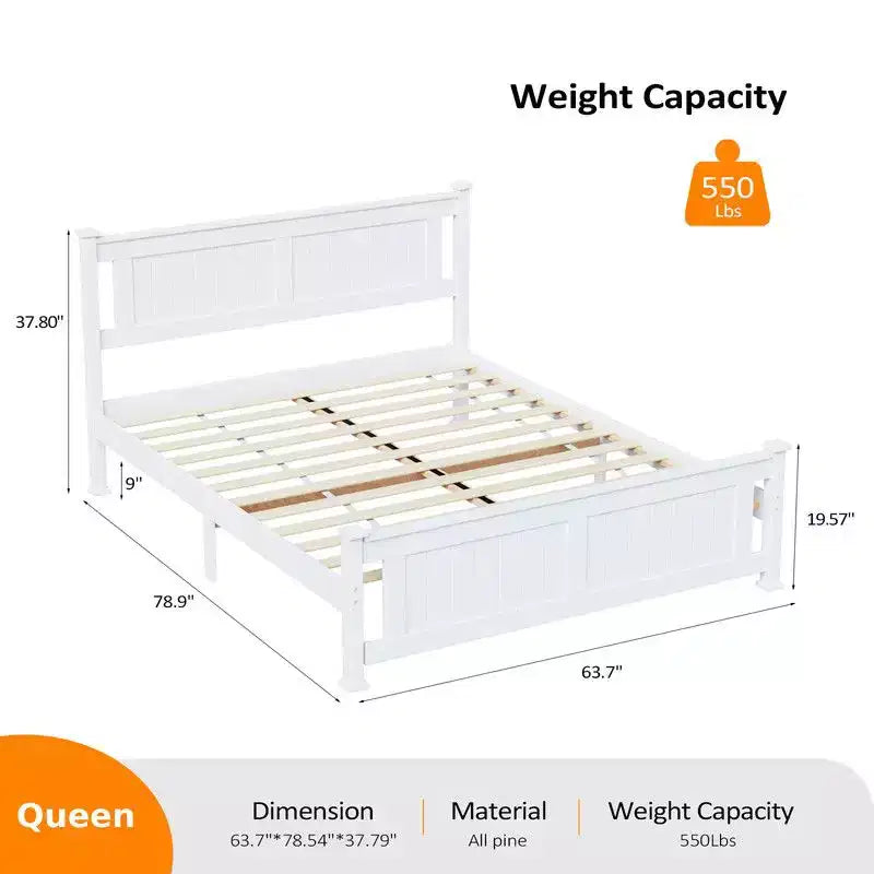 Karl Home Wood Bed Frame Queen Size Platform Bed with Headboard White