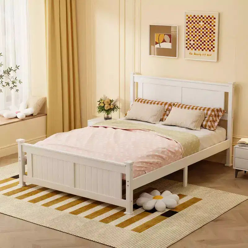 Karl Home Wood Bed Frame Queen Size Platform Bed with Headboard White