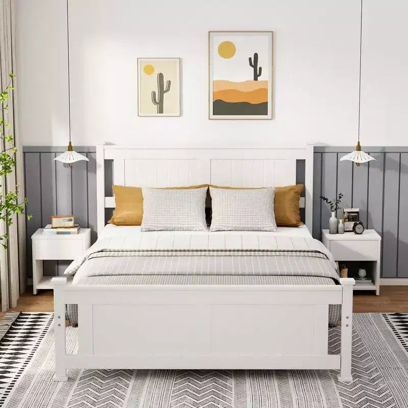 Karl Home Wood Bed Frame Queen Size Platform Bed with Headboard White