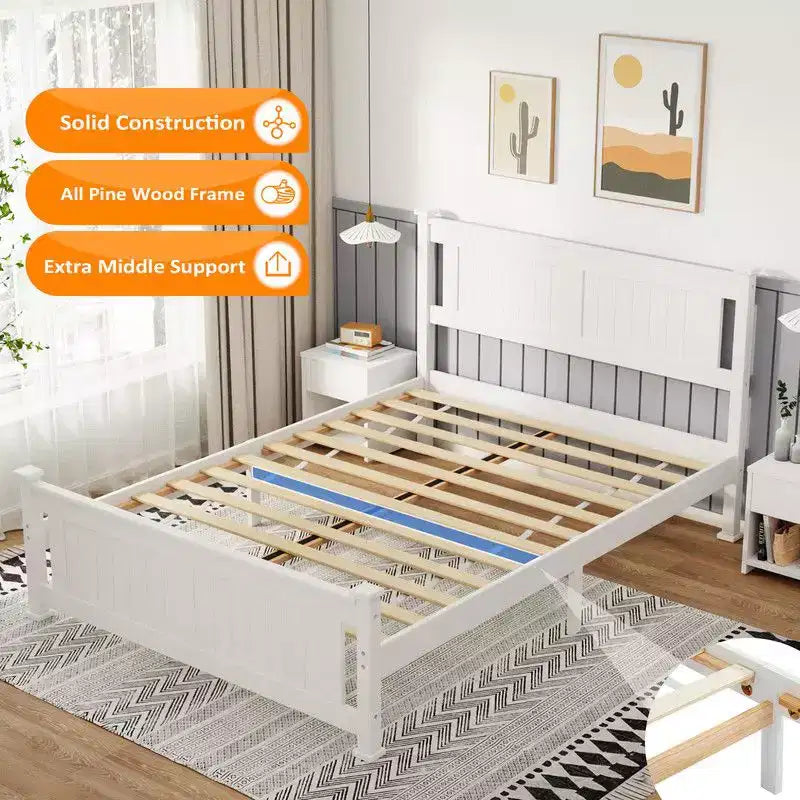 Karl Home Wood Bed Frame Queen Size Platform Bed with Headboard White
