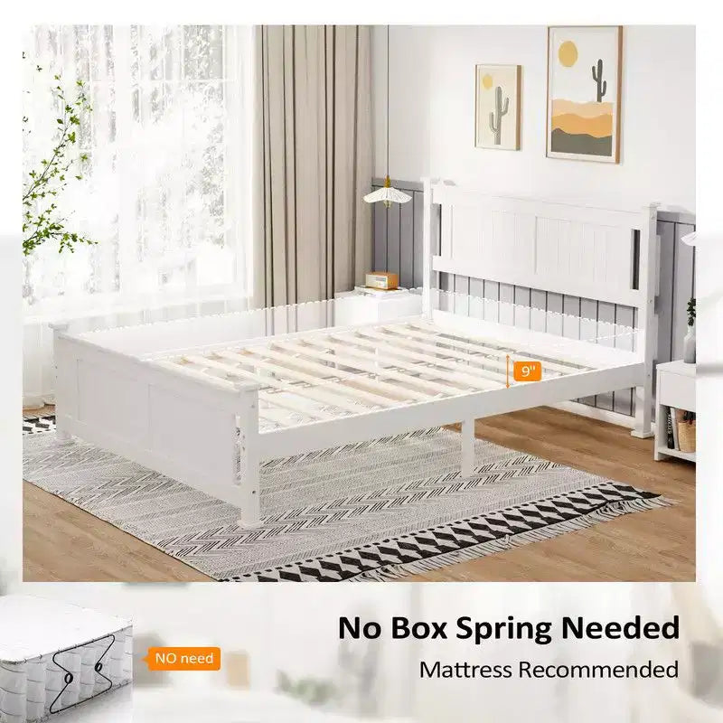 Karl Home Wood Bed Frame Queen Size Platform Bed with Headboard White