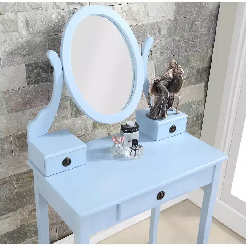 Okak Vanity Table and Chair Set, Wooden Makeup Vanity Table and Stool Set for Bedroom Living Room, with Elegant Mirror Oval Shape, Blue