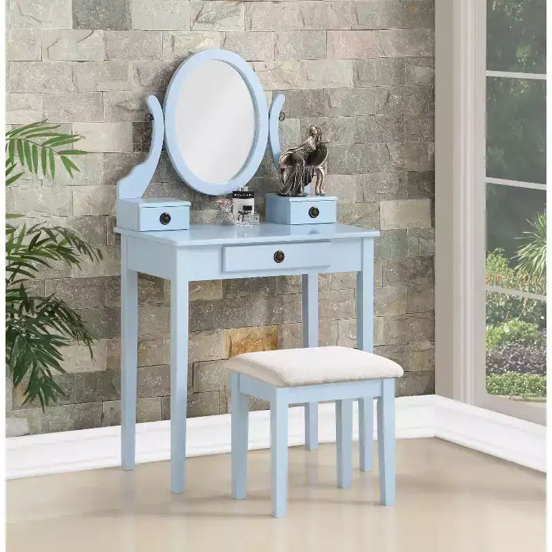 Okak Vanity Table and Chair Set, Wooden Makeup Vanity Table and Stool Set for Bedroom Living Room, with Elegant Mirror Oval Shape, Blue