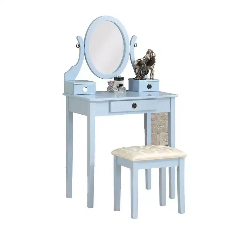 Okak Vanity Table and Chair Set, Wooden Makeup Vanity Table and Stool Set for Bedroom Living Room, with Elegant Mirror Oval Shape, Blue