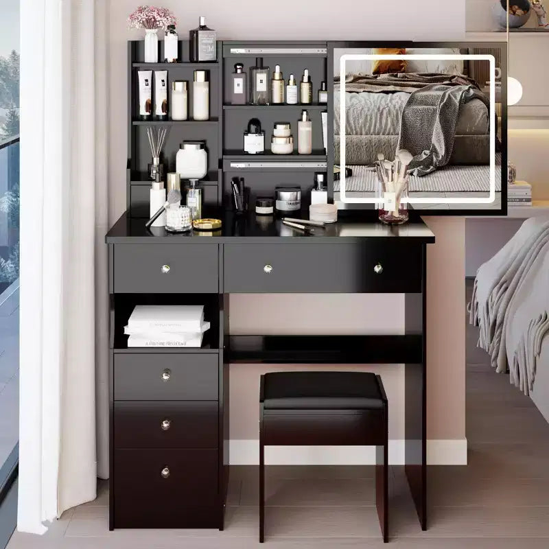 Okak Vanity Table and Chair Set with High Capacity Storage,37 Left Drawer Desktop Vanity Table with Extra Large Touch Control LED Mirror,Black