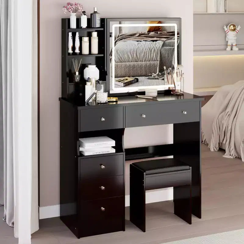 Okak Vanity Table and Chair Set with High Capacity Storage,37 Left Drawer Desktop Vanity Table with Extra Large Touch Control LED Mirror,Black