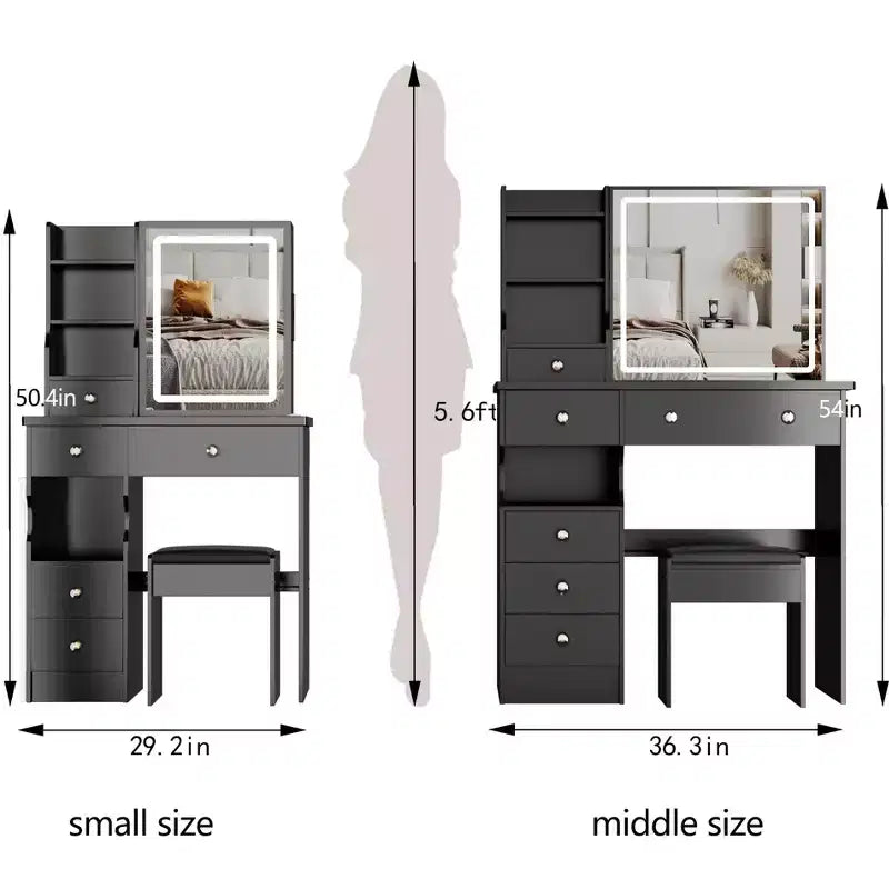Okak Vanity Table and Chair Set with High Capacity Storage,37 Left Drawer Desktop Vanity Table with Extra Large Touch Control LED Mirror,Black
