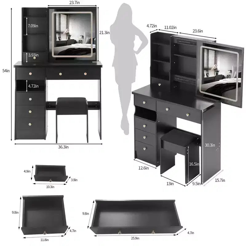 Okak Vanity Table and Chair Set with High Capacity Storage,37 Left Drawer Desktop Vanity Table with Extra Large Touch Control LED Mirror,Black