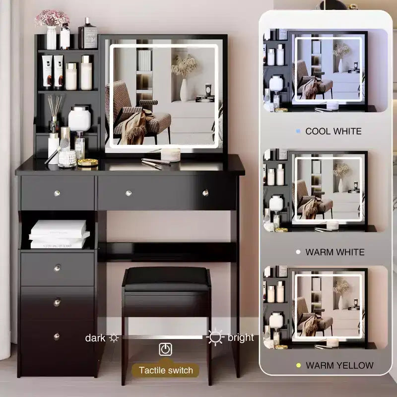 Okak Vanity Table and Chair Set with High Capacity Storage,37 Left Drawer Desktop Vanity Table with Extra Large Touch Control LED Mirror,Black