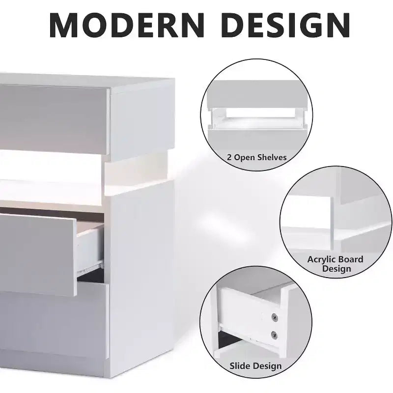 Okak LED 3 Drawer Dresser for Bedroom,Acrylic Board LED Bedside Tables,Modern End Tables with Drawers,Bedroom Furniture