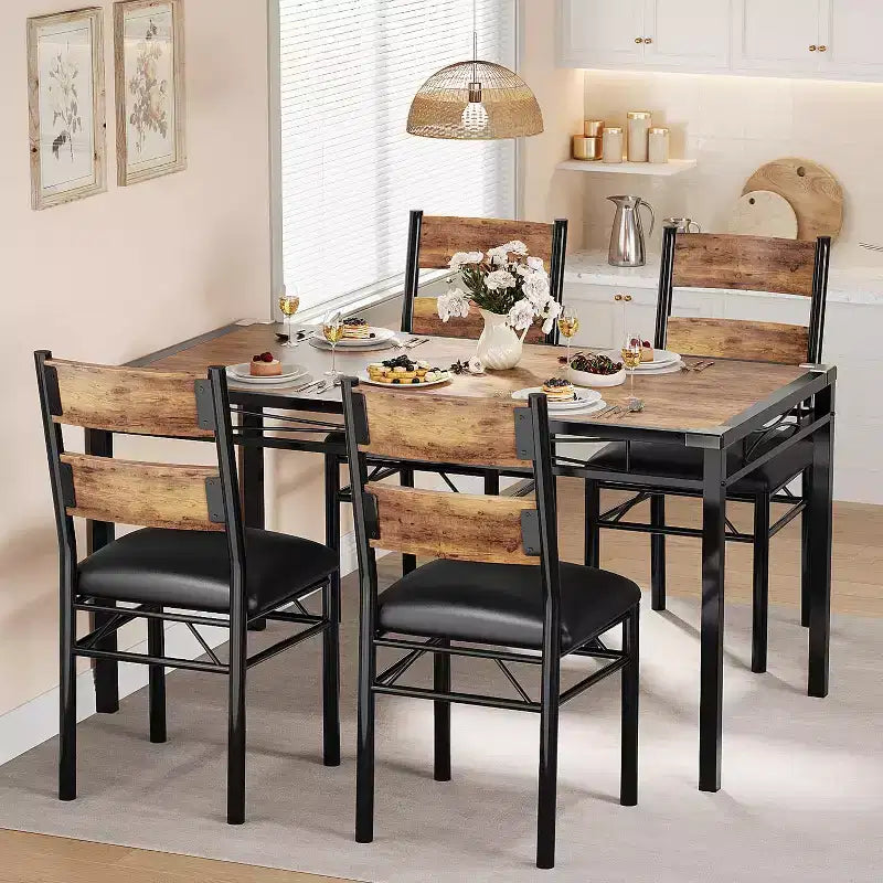 Dining Table Set for 4, Wood Kitchen Table with 4 Upholstered Chairs, Kitchen Table Chairs Set of 4 w/Collision Angle for Small Space, Kitchen Room