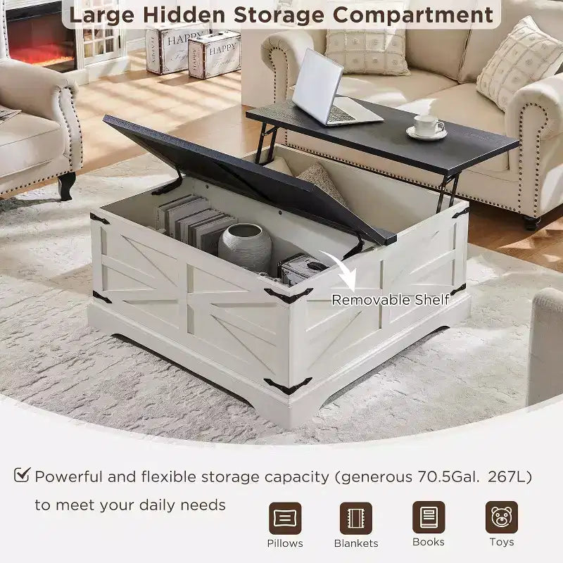 SinCiDo Farmhouse Lift Top Coffee Table, 36 Square Center Table w/Large Hidden Storage Compartment, Rustic Wood Living Room Dining Table