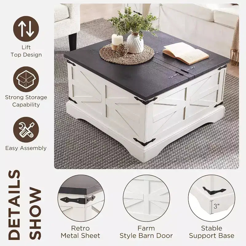 SinCiDo Farmhouse Lift Top Coffee Table, 36 Square Center Table w/Large Hidden Storage Compartment, Rustic Wood Living Room Dining Table